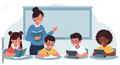 A female teacher in a modern classroom guiding diverse elementary students who are learning with both books and digital tablets.