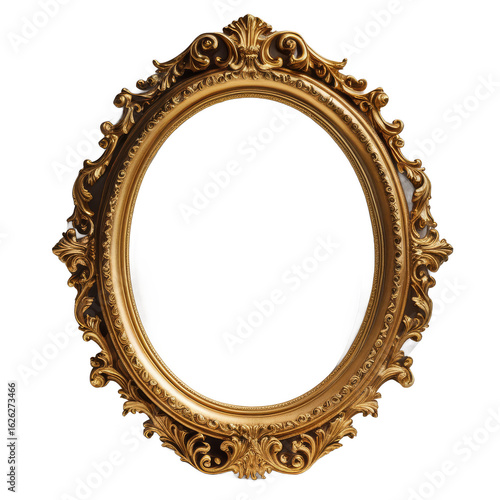Illustration of ornate golden oval frame isolated on transparent background for artwork or picture