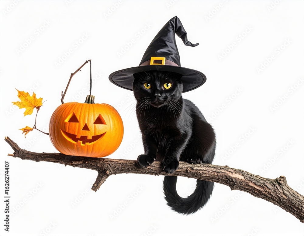 Fototapeta premium Cute Halloween black cat with witch costume and pumpkins on white background