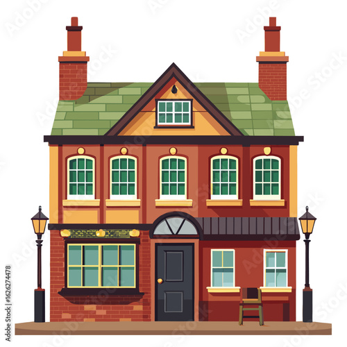 A traditional English pub with a bay window and brick facade, a cozy neighborhood gathering place.