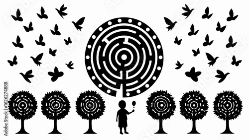 Silhouette illustration of a child with balloon under a maze surrounded by trees and flock of birds flying above
