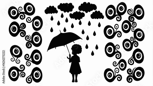 Silhouette of a girl with an umbrella in the rain with decorative swirls on either side of her image