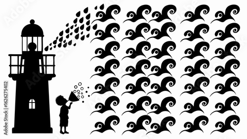 Silhouette of a lighthouse with a child blowing wind and waves pattern on a white background design