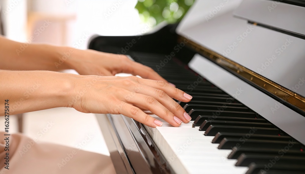 Fototapeta premium Close-up of gentle female hands softly playing piano keys during a lesson, performing favorite classical music. Warm lighting, elegant fingers, focused and artistic expression