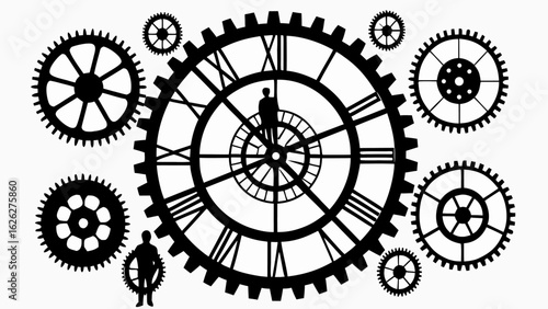 Clockwork mechanism with gears and human figures in black and white design illustration style silhouette