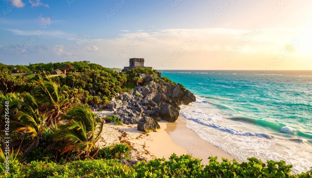 Fototapeta premium Tulum's ruins overlook the ocean beach