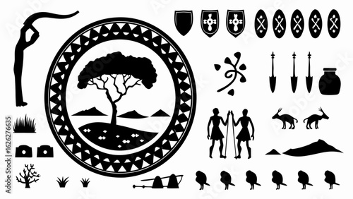 Black and white graphic featuring african tribal elements including figures trees and various cultural icons silhouette