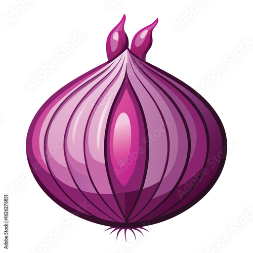A vibrant red onion with purple and white layers, showing a detailed cross-section, a fresh vegetable.