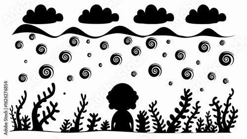 Silhouette of a person standing among plants under clouds and swirls in a black and white illustration