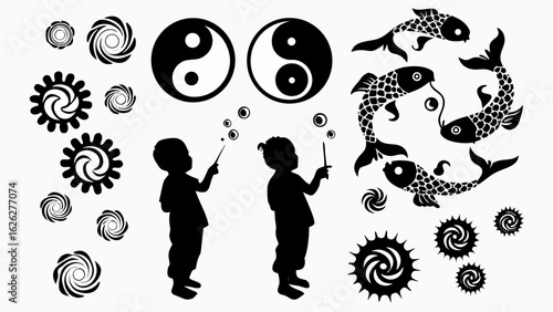 Silhouette of children blowing bubbles with yin yang symbols and swirling fish arrangements around them