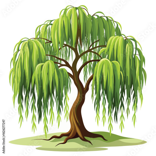 A weeping willow with graceful, drooping branches and long, slender leaves on a clean, simple background.
