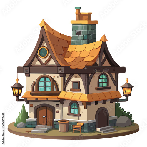 A whimsical fantasy tavern with a cobblestone facade and a sign with a mug of ale, a medieval inn.