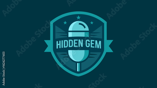 Podcast emblem with vintage microphone and hidden gem text in badge style design