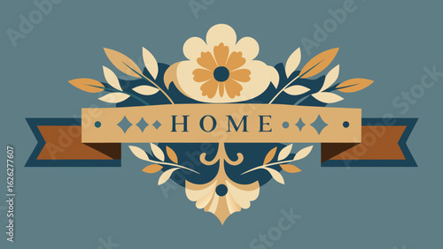 Vintage floral emblem with decorative ribbon and the word home in elegant typography