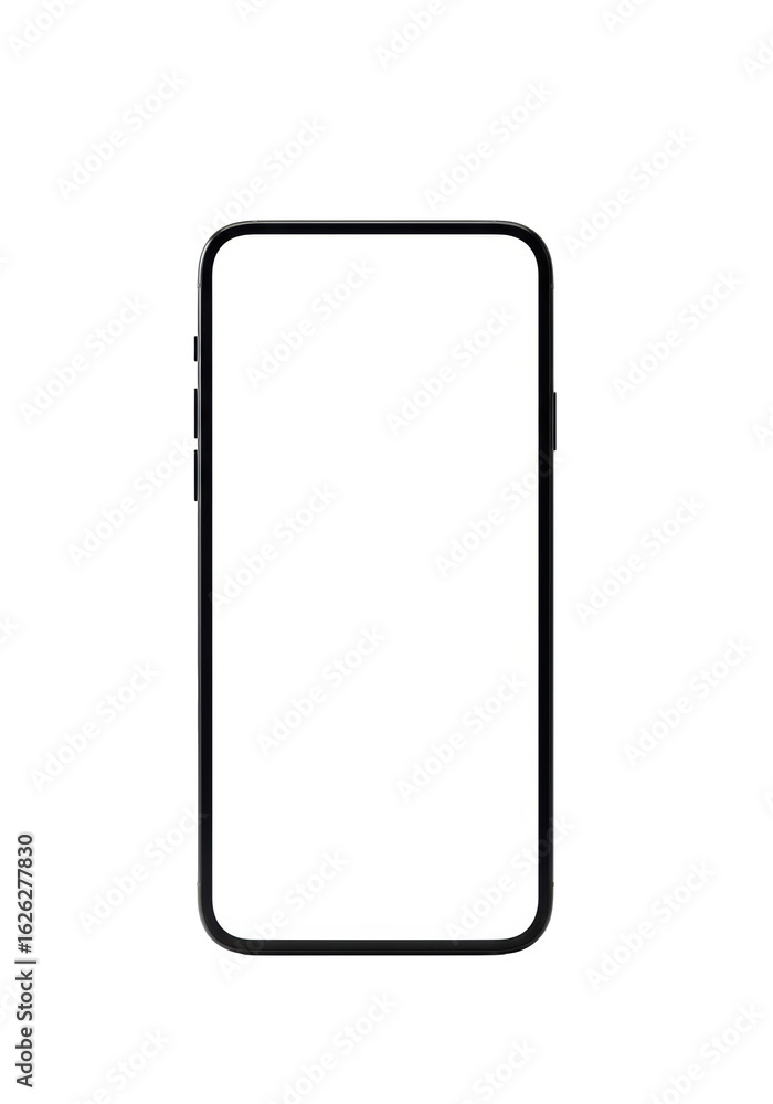 A pristine black modern smartphone with a blank white screen and visible notch, isolated on a transparent background with copy space, concept of modern technology template for digital content A pristine black modern smartphone with a blank white screen and visible notch, isolated on a transparent background with copy space, concept of modern technology template for digital content