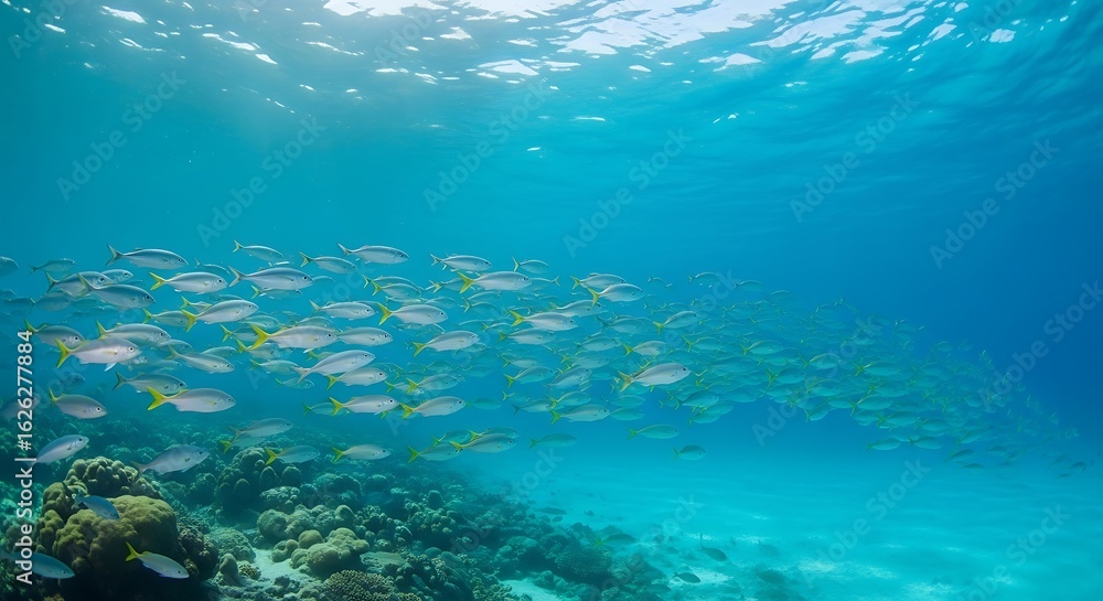 Fototapeta premium Underwater spectacle of a school of fish swimming gracefully over coral reefs and sandy sea beds