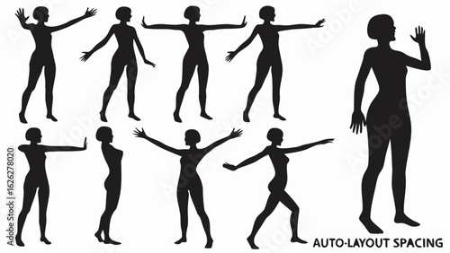 Black silhouettes of women in various poses with arms raised and outstretched on a white background