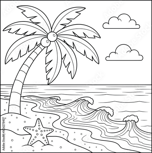 Black and white tropical beach scene illustration with palm tree, ocean waves, clouds, and starfish perfect for summer coloring book pages