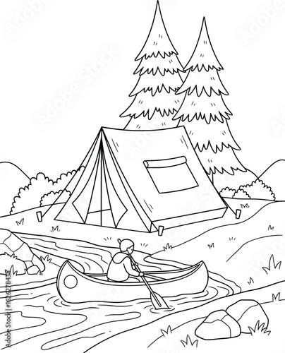 Black and white camping scene illustration with tent, pine trees, river, and person rowing a canoe perfect for outdoor adventure coloring book pages