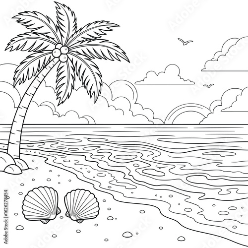 Black and white tropical beach scene illustration with palm tree, seashells, ocean waves, clouds, and birds perfect for summer coloring book pages
