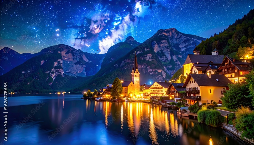 Fototapeta premium Night scene with starry sky over village