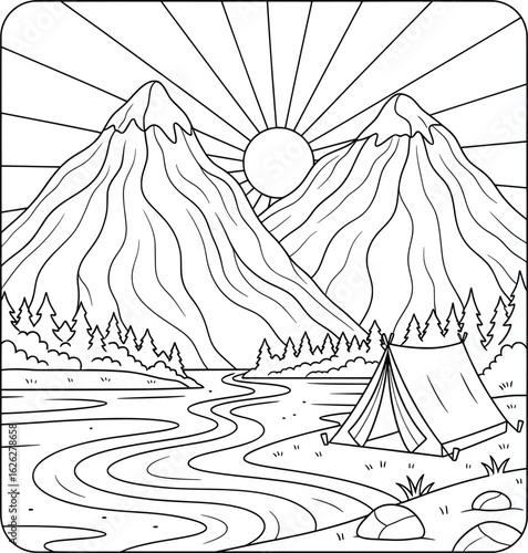 Black and white mountain landscape illustration with sunrise, river, pine trees, and camping tent perfect for outdoor adventure coloring book pages
