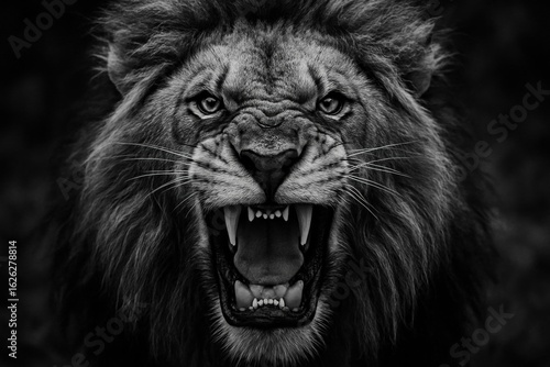 Fierce African lion in a powerful display of dominance, roaring with fury in a stunning black and white close-up portrait