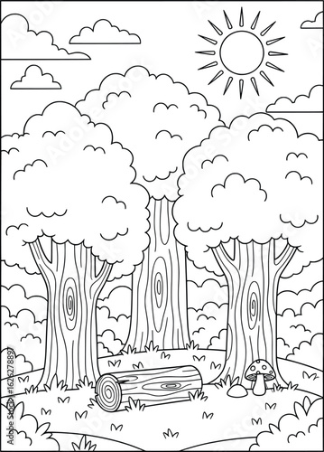 Black and white forest illustration with large trees, sun, clouds, and grass perfect for nature and outdoor scenery coloring book pages