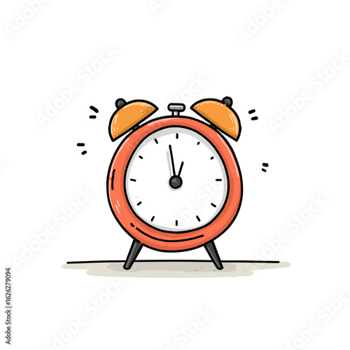 A classic orange twin-bell alarm clock ringing loudly, this hand-drawn retro illustration is a perfect symbol for waking up early or urgent deadlines.
