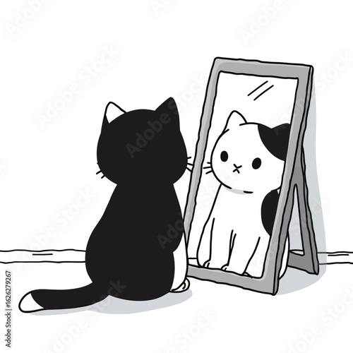 A conceptual monochrome illustration of a black cat seeing a different, spotted cat in its mirror reflection, symbolizing identity, self-perception, and inner self.
