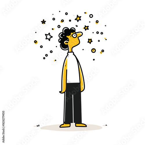 A stylized character looking up, feeling dizzy or amazed as stars swirl around their head, a modern graphic for expressing shock, confusion, or wonder.
