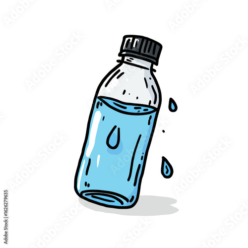 A simple hand-drawn sketch of a plastic water bottle splashing its contents, a versatile illustration for concepts of hydration, sports, or environmental issues.
