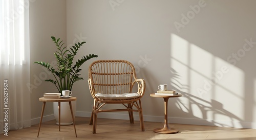 Peaceful and sunlit living room corner featuring a natural wicker armchair, a green houseplant, and modern side tables.