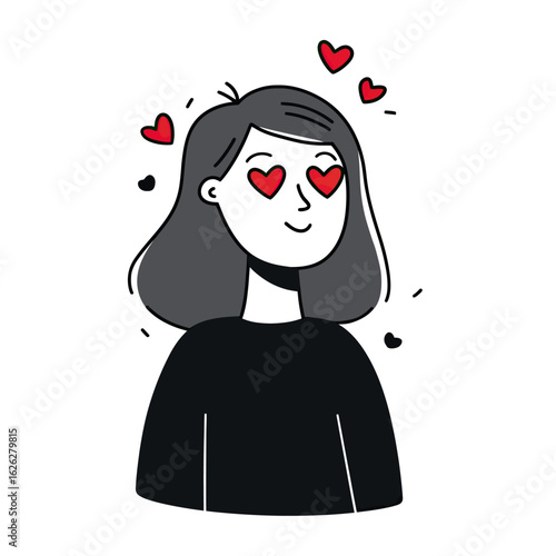 A minimalist monochrome portrait of a woman with heart eyes and a gentle smile, an adorable illustration representing feelings of love, affection, and happiness.

