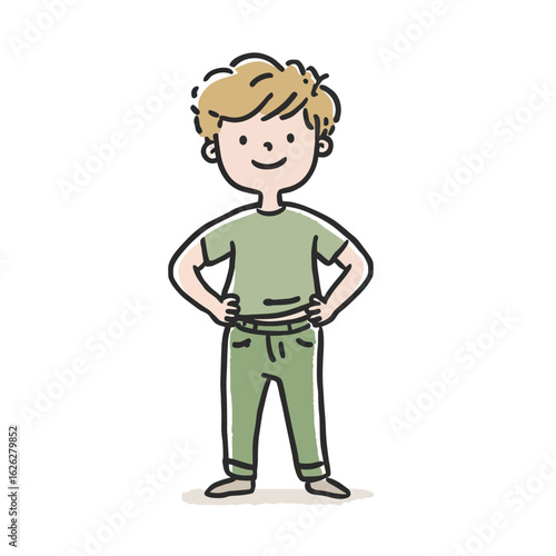 A cheerful cartoon boy standing in a confident pose with hands on his hips, this friendly and positive character illustration is great for educational materials.
