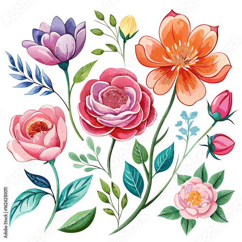 Vector art of an artistic arrangement of diverse flowers and leaves in full bloom, isolated on a white background, perfect for crafting charming floral patterns and decorative elements