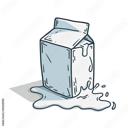 A simple hand-drawn sketch of a milk carton spilling its contents in a puddle, a conceptual illustration representing an accident, mess, or waste.
