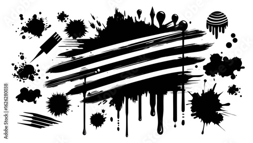 Vector art of collection of black ink splashes, paint brush strokes, and splatters isolated on white background