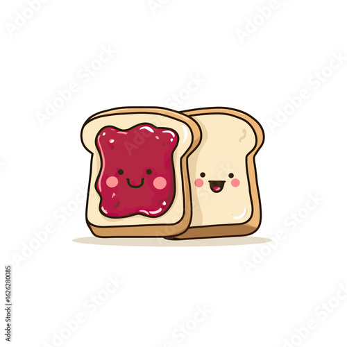 Charming kawaii cartoon of bread and jam as a cute couple, a sweet and lovable graphic for breakfast food concepts, friendship, and romantic pairings.
