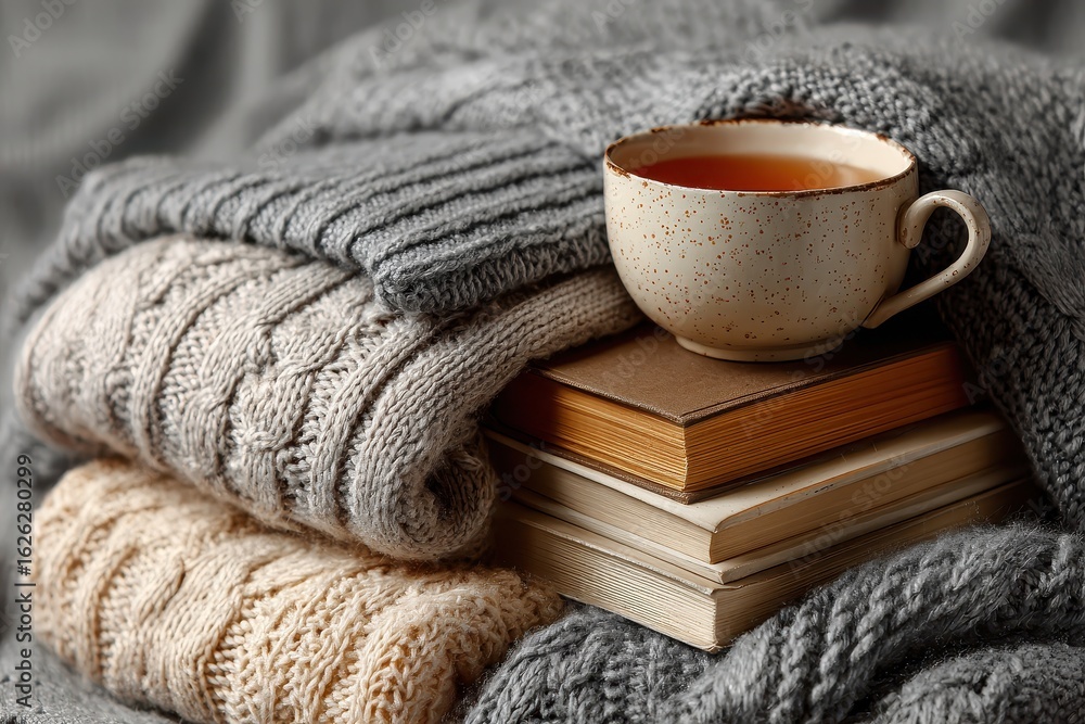 Cozy autumn tea, books, and sweaters indoors Cozy autumn tea, books, and sweaters indoors
