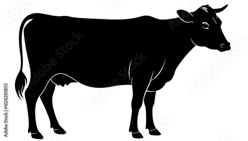 Minimal black silhouette of cow, standing side view, plain white background