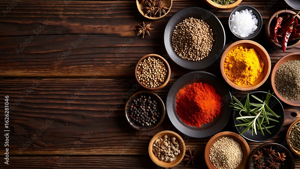 Various spices and herbs in bowls on a wooden table. Various spices and herbs in bowls on a wooden table.