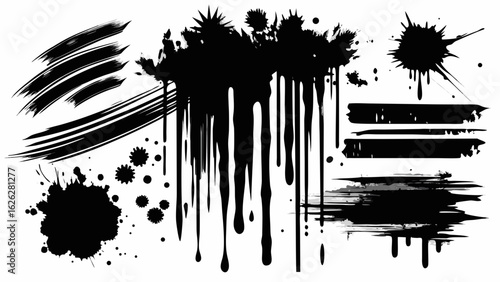 Vector art of assorted black paint splatters, brush marks, and dripping ink elements isolated on white background, grunge artistic design components