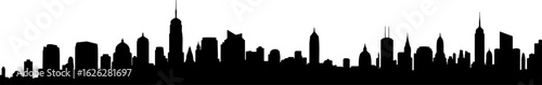 Black vector silhouette illustration of the New York City skyline with iconic skyscrapers at night