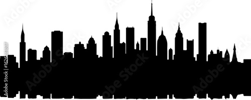 Black vector silhouette illustration of the New York City skyline with iconic skyscrapers at night