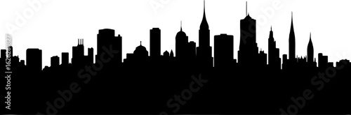 Black vector silhouette illustration of the New York City skyline with iconic skyscrapers at night