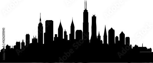 Black vector silhouette illustration of the New York City skyline with iconic skyscrapers at night