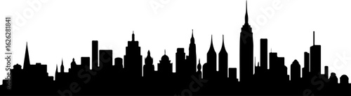 Black vector silhouette illustration of the New York City skyline with iconic skyscrapers at night