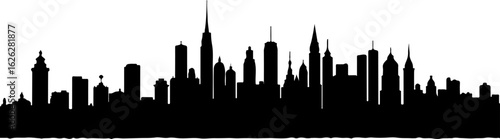Black vector silhouette illustration of the New York City skyline with iconic skyscrapers at night