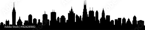 Black vector silhouette illustration of the New York City skyline with iconic skyscrapers at night